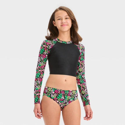 Girls' Floral Printed Rash Guard Set - art class™ Black XS