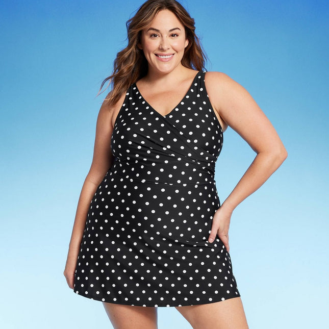 Lands' End Women's UPF 50 Tummy Control Polka Dot Surplice Swim Dress - Black 2X