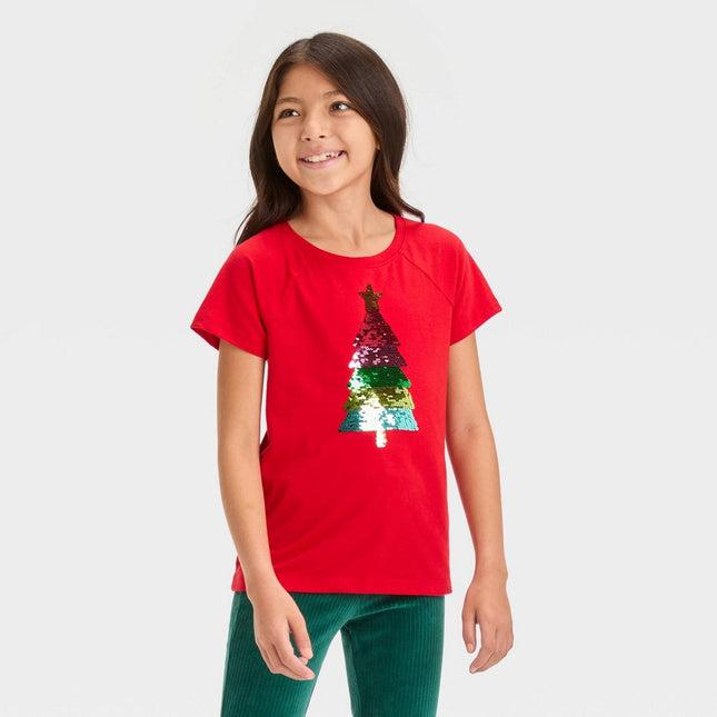 Girls' Short Sleeve Flip Sequin Christmas T-Shirt - Cat & Jack™ Red XS