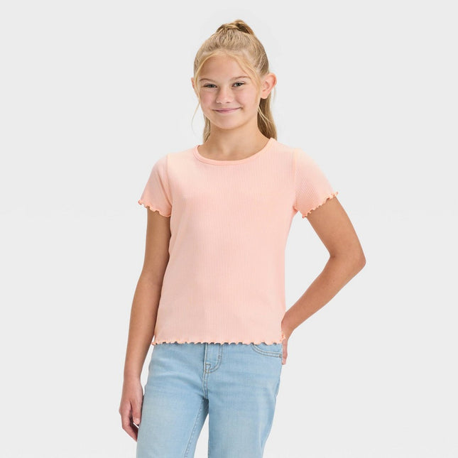 Girls' Short Sleeve Ribbed T-Shirt - Cat & Jack™ Light Peach M