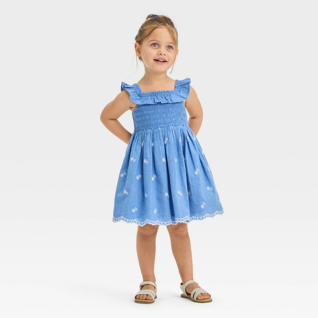 Toddler Girls' Chambray Embroidered Dress - Cat & Jack™ Blue 12M