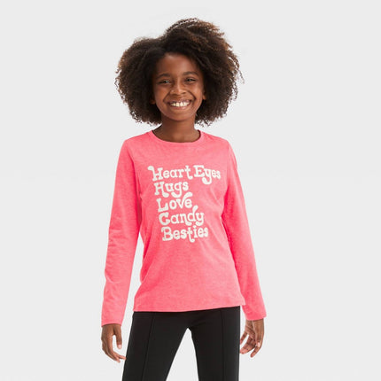 Girls' Long Sleeve Valentine's Day Graphic T-Shirt - Cat & Jack™ Neon Pink M