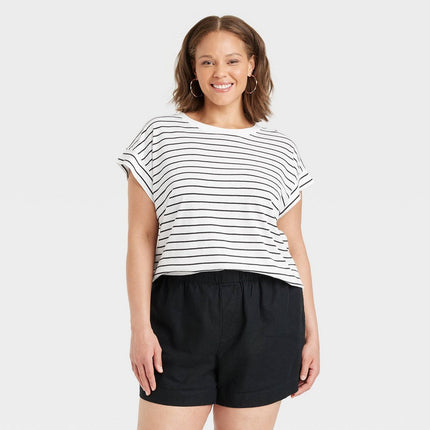 Women's Extended Shoulder T-Shirt - A New Day™ Black/White Striped 4X