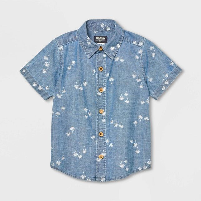 OshKosh B'gosh Toddler Boys' Short Sleeve Palm Printed Woven Chambray Shirt - Blue 2T