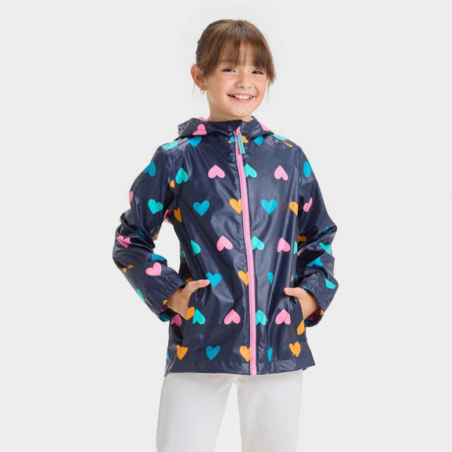 Kids' Heart Printed Rain Coat - Cat & Jack™ Navy Blue S