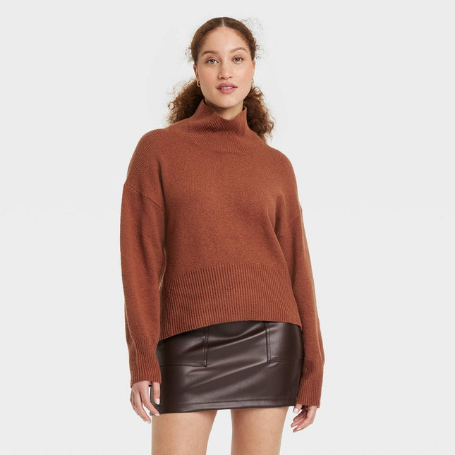 Women's Mock Turtleneck Pullover Sweater - A New Day™ Brown XL