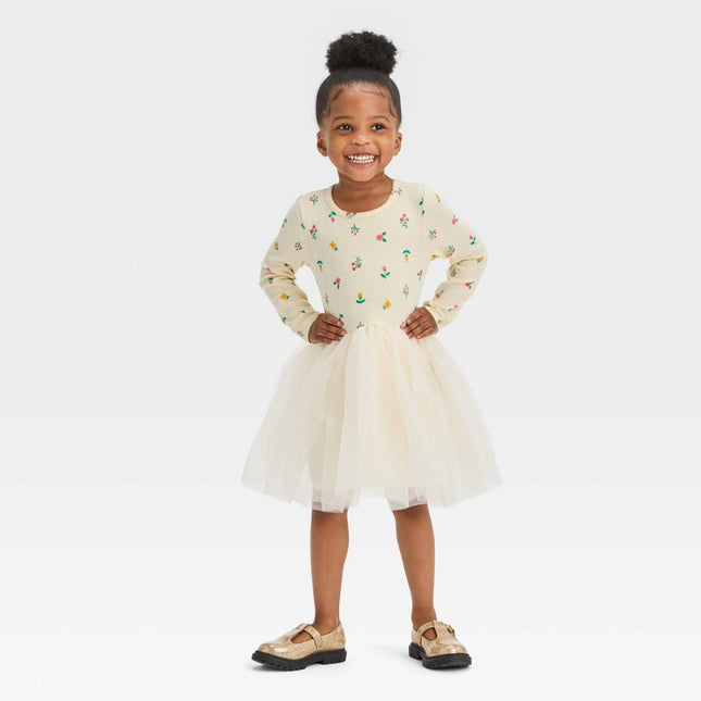 Toddler Girls' Long Sleeve Knit Tulle Dress - Cat & Jack™ Off-White 4T