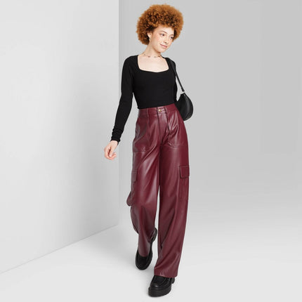 Women's High-Rise Straight Leg Faux Leather Cargo Pants - Wild Fable™ Burgundy S