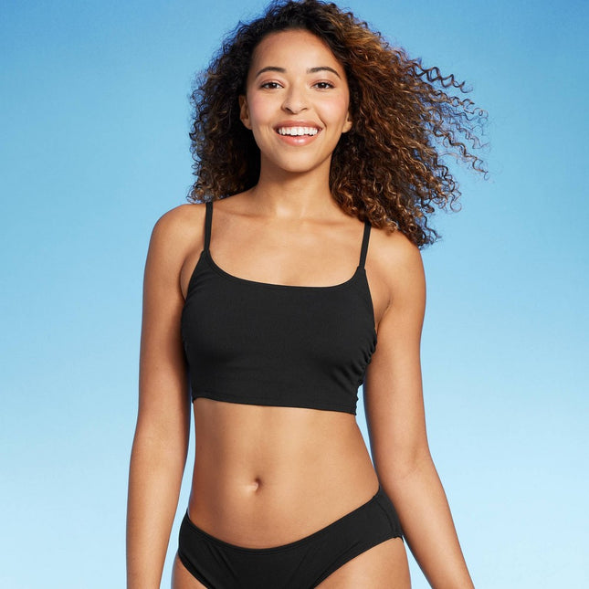 Women'sLongline Ribbed Bikini Top - Shade & Shore™ Black M: Square Neck, Adjustable Straps, Removable Cups