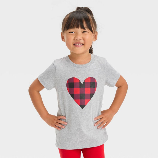 Toddler Heart Plaid Short Sleeve T-Shirt - Cat & Jack™ Heather Gray 5T