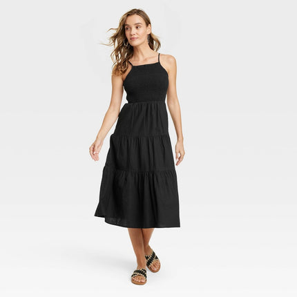 Women's Sleeveless Smocked Linen Midi Sundress - Universal Thread™ Black L