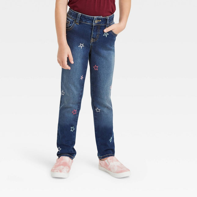Girls' Star Mid-Rise Embroidered Skinny Jeans - Cat & Jack Medium Wash 6X