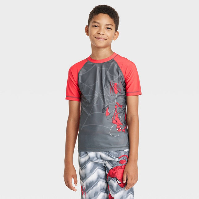 Boys' Spider-Man Short Sleeve Rash Guard Swimsuit Top - Gray L