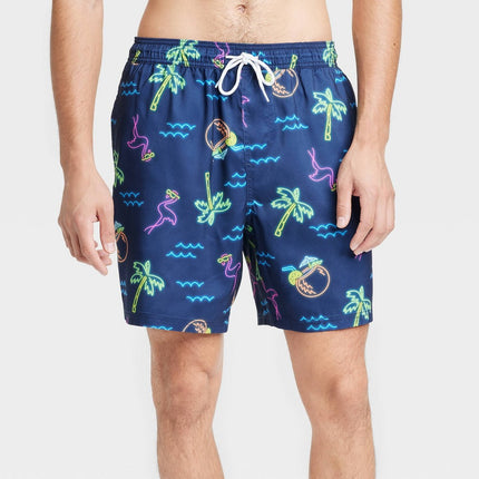 Men's 7" E-Waist Waterloo Flamingo Swim Shorts - Goodfellow & Co™ Blue/Neon XL