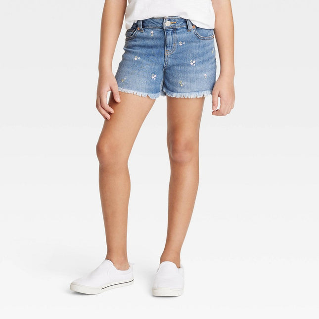 Girls' Embroidered Mid-Rise Jean Shorts - Cat & Jack™ Medium Wash L Plus