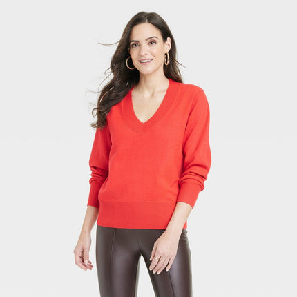 Women's Fine Gauge V-Neck Sweater - A New Day™ Red S