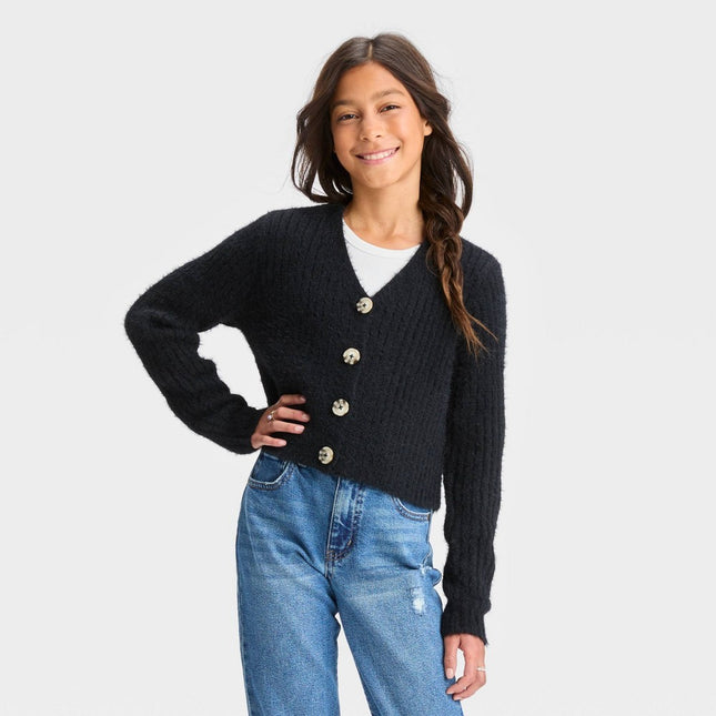 Girls' Cropped Fuzzy Cardigan Sweater - art class™ Black L