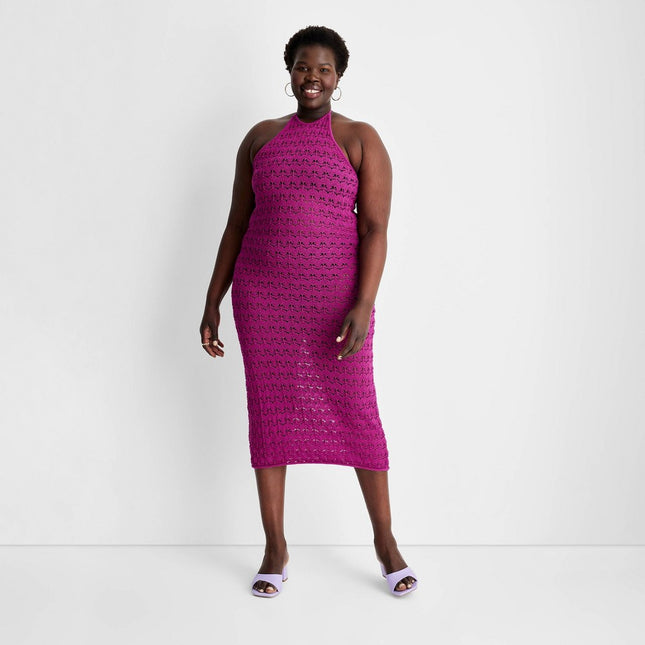 Women's Halter Tie Neck Open Knit Crochet Midi Sweater Dress - Future Collective™ with Alani Noelle Pink 2X